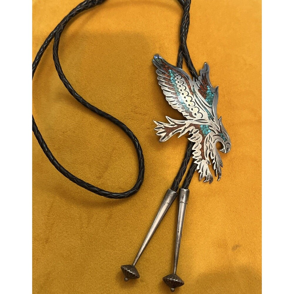 HMIJ P ORTEGA SHOP NAVAJO STERLING TURQUOISE CORAL CHIP INLAY PHOENIX Bolo Tie
